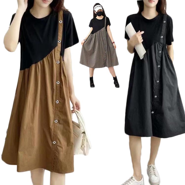 ロングワンピース レディース 夏 Aライン ミディアム丈 半袖 丸襟 コットン 切り替え プリーツワンピース フレアワンピース 送料無料 無地 シンプル カジュアル おしゃれ おでかけ