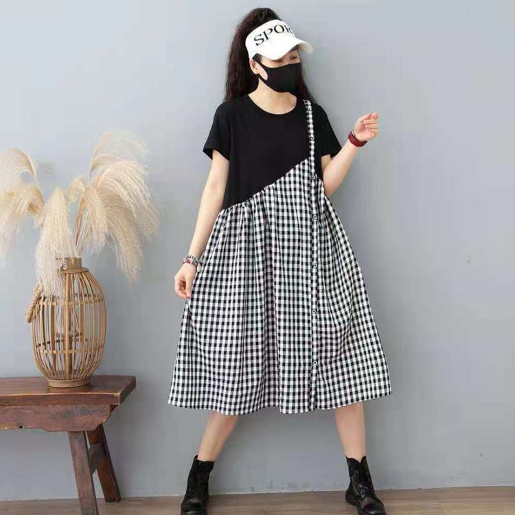 ロングワンピース レディース 夏 Aライン ミディアム丈 半袖 丸襟 コットン 切り替え プリーツワンピース フレアワンピース 送料無料 無地 シンプル カジュアル おしゃれ おでかけ