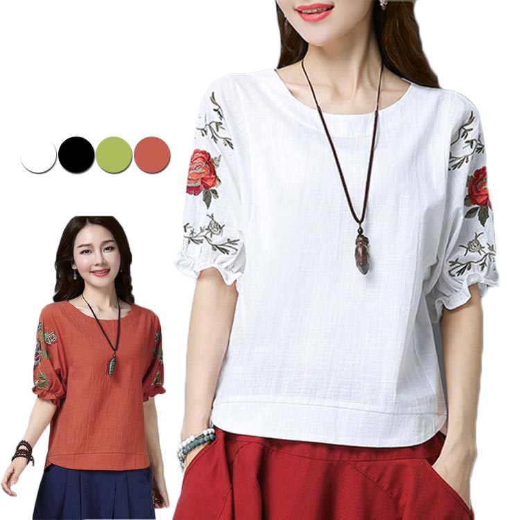 レディース トップス 半袖 tシャツ フラワー 刺繍 無地 夏 ゆったり かわいい 送料無料 ブラウス シン..
