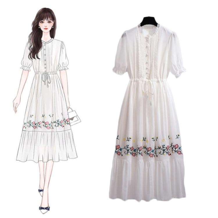 刺繍ワンピース レディース ロングワンピース 夏 レースワンピース ロングワンピ チュール 半袖 丸襟 ワンピース 大きサイズ 着痩せ ウエスト紐 Aライン フェミニン お洒落 送料無料 シンプル カジュアル おしゃれ
