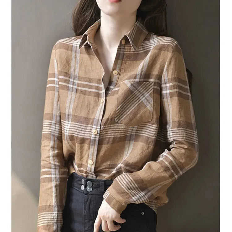 リネンシャツ レディース シャツ 長袖ブラウス 綿麻シャツ トップス チェック柄シャツ カジュアルシャツ チェック柄 大人 綿 麻 ナチュラル 薄手 春 夏 秋 送料無料 通勤 普段着