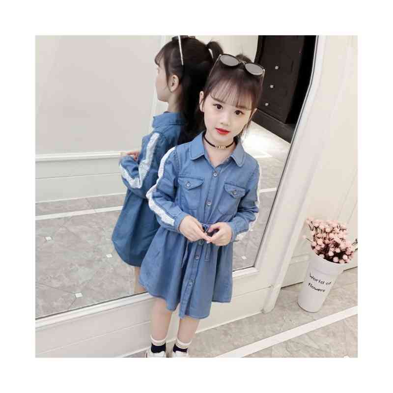 キッズ デニムワンピース レースワンピース 春秋 子供服 ワンピース ロングワンピース ミディアム丈 お嬢様ワンピース 長袖 立ち襟 無地 デニム Aライン シンプル ジュニア 女の子 普段着 フォーマル おでかけ 送料無料