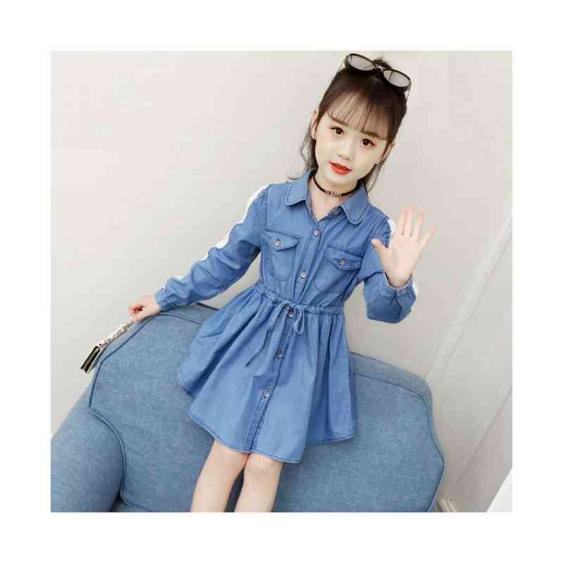 キッズ デニムワンピース レースワンピース 春秋 子供服 ワンピース ロングワンピース ミディアム丈 お嬢様ワンピース 長袖 立ち襟 無地 デニム Aライン シンプル ジュニア 女の子 普段着 フォーマル おでかけ 送料無料