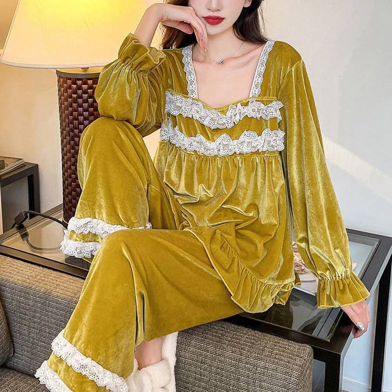 パジャマ レディース 秋冬 ルームウェア 上下セット もこもこ レースパジャマ パジャマ ゆったり 可愛い 部屋着 長ズボン トップス 長袖 プルオーバ お姫系 宮廷風 おしゃれパジャマ シンプル カジュアル お洒落 セクシー フェミニン 送料無料