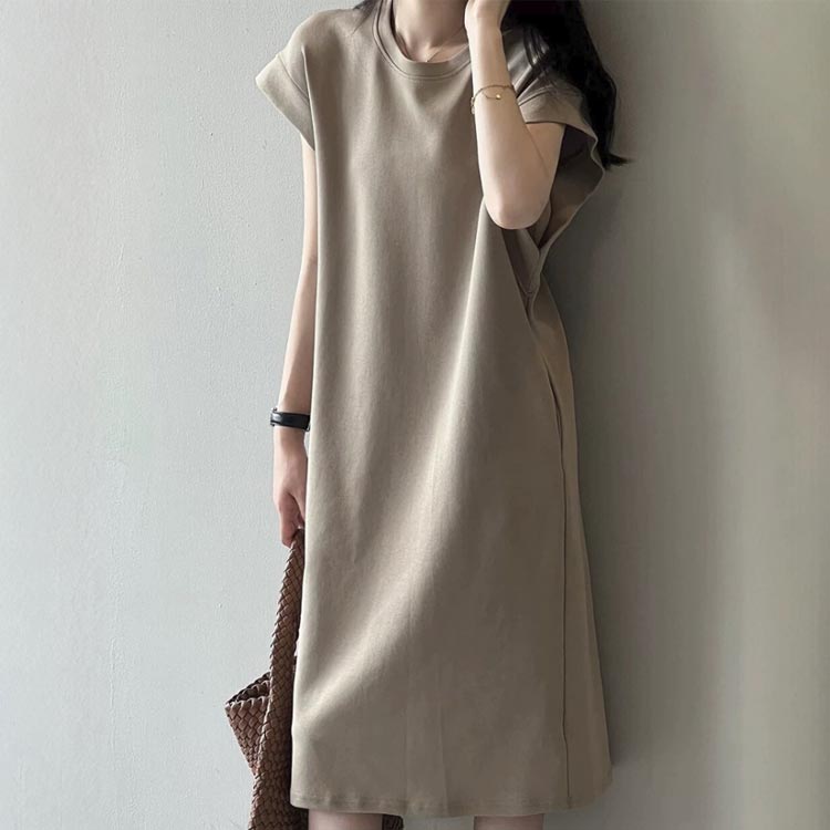 Tシャツワンピース フレンチスリーブ ロングTシャツ 春 春夏 コーデ レディース カットソー 無地 半袖 シンプル エレガント 夏 クルーネック ベージュ 大きいサイズ 大人カジュアル Tシャツワンピース ファッション 夏服 体型カバー リラックス 30代 40代 50代
