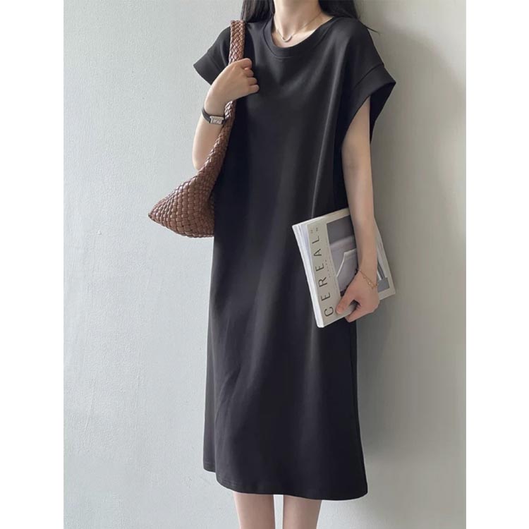 Tシャツワンピース フレンチスリーブ ロングTシャツ 春 春夏 コーデ レディース カットソー 無地 半袖 シンプル エレガント 夏 クルーネック ベージュ 大きいサイズ 大人カジュアル Tシャツワンピース ファッション 夏服 体型カバー リラックス 30代 40代 50代
