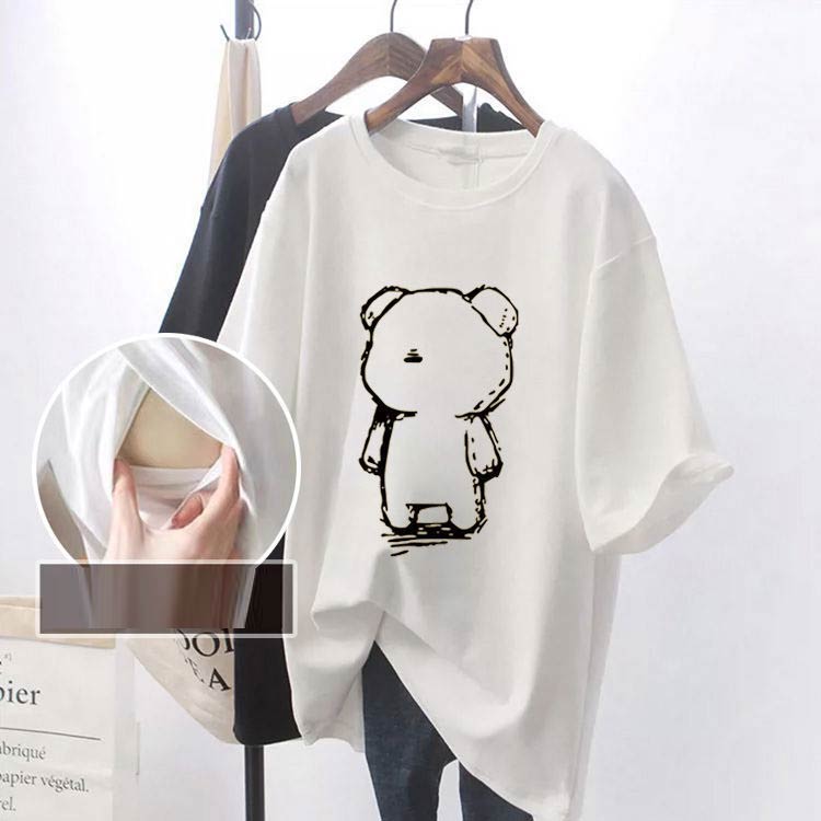 インナー ロゴTシャツ 大きいサイズ 授乳服 トップス おしゃれ カジュアル Tシャツ ゆったり 前開き 授乳服 半袖 マタニティ チュニック ロング丈 産前 産後 出産準備 授乳しやすい カットソー 妊婦服 2