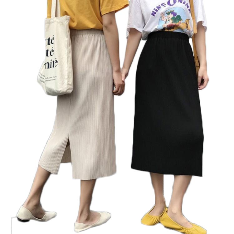 レディース ロングスカート 夏 ミモレ丈 プリーツスカート スリット入り ウエストゴム ハイウエスト 切り替え 無地 春 ニット ゆったり 大きサイズ 着痩せ 送料無料 シンプル カジュアル おでかけ ボトムス