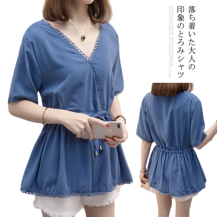 とろみシャツ レディース シャツ ロングシャツ シフォンシャツ シャツアウター ロング丈 半袖 ゆったり ゆるシャツ ウエスト Vネック 薄手 爽やか お洒落 キレイめ こなれ感 ゆったり 体型カバー トップス プルオーバー 夏新作