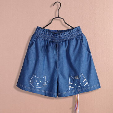 デニムパンツ 子供服 ショートパンツ ショートデニム デニム パンツ ウエストゴム ポケット付き 猫柄 かわいい 無地 ゆったり お洒落 カジュアル 女の子 ガールズ 女児 ボトムス 夏物 夏新作