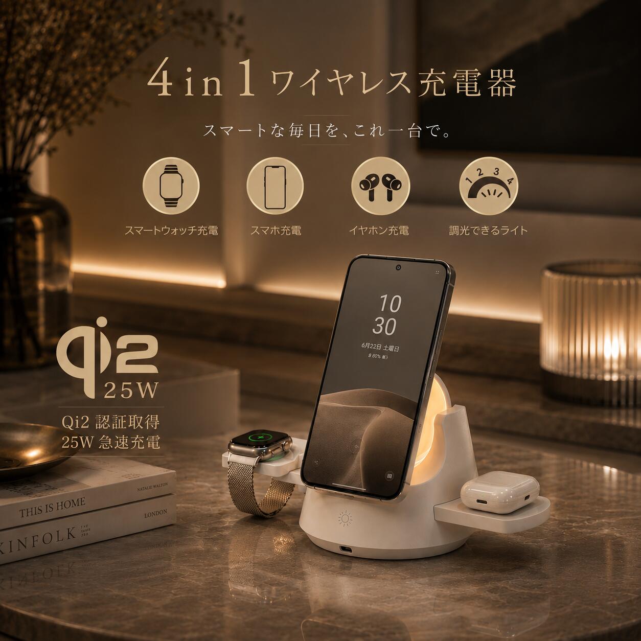 【スーパーDEAL+40%ポイントバック 6/11 9:59迄】SUNEAST 4IN1 ワイヤレス充電器 マグネット充電器 qi2急速認証 MagSafe 3台同時充電 （スマホ・スマートウォッチ・イヤホン・4段階調光ライト）3in1 充電器 スマート充電スタンド 置き型 おしゃれ かわいい プレゼント 彼女