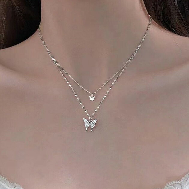 2連 バタフライ チャーム ビジュー ネックレス アクセサリー 女性 レディース 春 夏 秋 冬 オールシー..