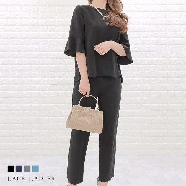 五分袖 無地 パンツセットアップ ブラック ダークグレー ネイビー ブルー パンツドレス 結婚式 二次会 披露宴 お呼ばれ 上下セット 2点セット パーティード...