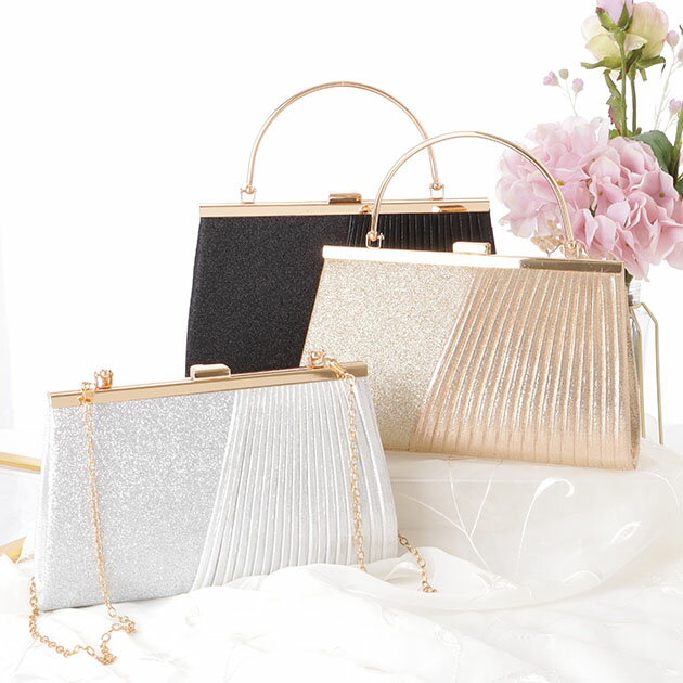 ラメ×プリーツ 3WAY コンパクト スクエア バッグ 女性 レディース ハンド クラッチ ショルダー チェーン ストラップ ゴールド メタリックカラー 結婚式 パーティー 卒業 入学 オケージョン ドレスアップ 上品 華やか エレガント 大人