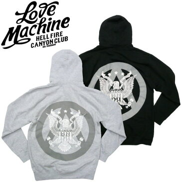 LOVE MACHINE（ラブマシーン）ジップパーカー ブラック グレー バックプリント ALL AMERICAN HELL FIRE CANYON CLUB DANNY BOY HOUSE OF PAIN バイカー トライアンフ