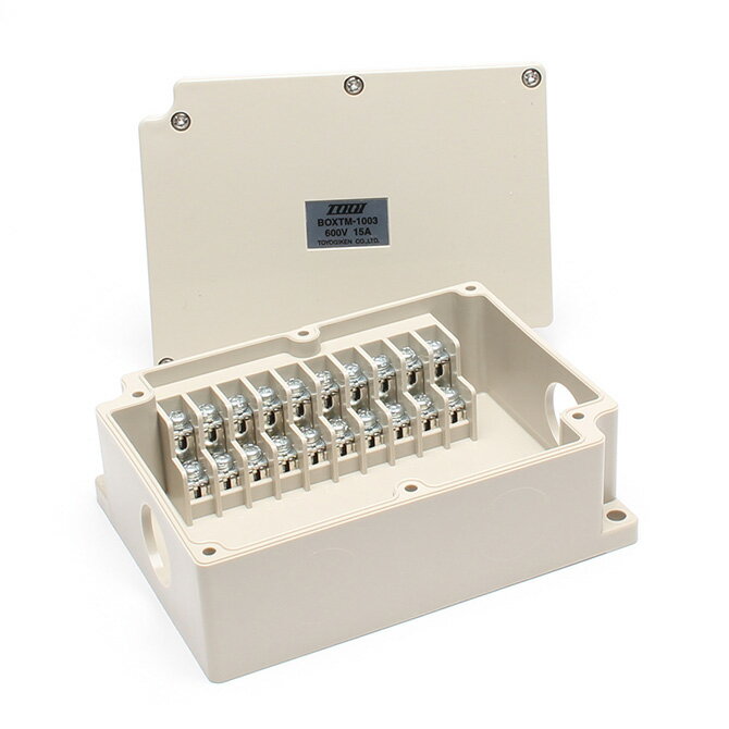 東洋技研　BOXTM-1003　IP67中継ボックス　M3.5ネジ端子台付き10極（〜15A）　サイズW120xH44.5xD90mm　取込口φ21x2