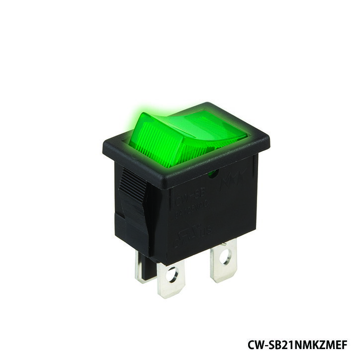 NKKスイッチズ　CW-SB21NMKZMEF　2極機能動作（ON-OFF）ボタン色：緑　ハウジング：黒　発光素子の色：緑　タブ端子形　電流容量9A125VAC　ネオン球全面照光ロッカスイッチ