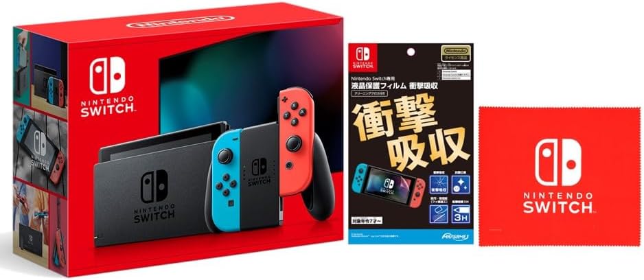 Nintendo Switch Joy-Con(L) ネオンブルー/(R) ネオンレッド +Nintendo Switch専用液晶保護フィルム 衝撃吸収(Nintendo Switch ロゴデザイン マイクロファイバークロス 同梱)
