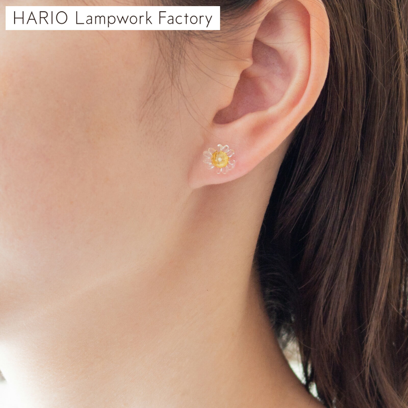 【ポイント10倍 2/27 16時まで】 ハリオ ピアス 朝焼けのカモミール 花 クリア ガラス製 日本製 手作り HARIO Lampwork Factory イイダ傘店 コラボ 小ぶり おしゃれ ガラス レディース アクセサリー ギフト 箱入り 真鍮 ゴールド ニッケルフリー