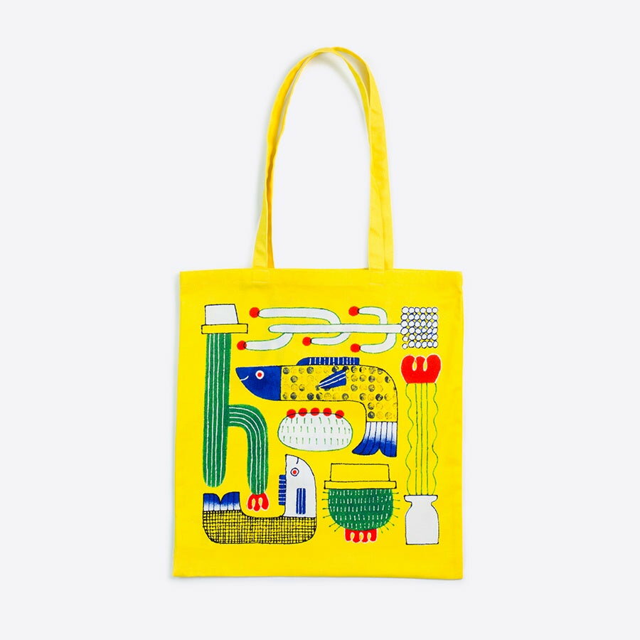 日本製 フラットサブバッグ トートバッグ エコバッグ a4 布 綿100% tote bag さかなとサボテン｜アーティスト　しまむらひかり｜オックスコットン 綿 コットン FAVORRIC フェイバリック 折りたたみ ポケット付き おしゃれ 肩掛け A4トート