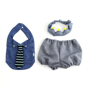 Leapepe レアペペ エプロン+ブルマ&ヘアアクセサリーセット 男の子用(スタイ おしゃれ セット ベビー服 出産祝い ブランド 男 人気 ヘアバンド 王冠 日本製)