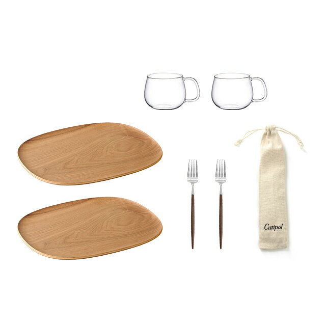 KINTO キントー UNITEA カップ＆トレイ 265mm＋Cutipol GOA クチポール ゴア デザートフォーク＆リネン カトラリーケースセット(結婚祝い 食器セット プレゼント ペア食器 おしゃれ 北欧 ペア 二人 ギフトセット 食器 セット シンプル 新築祝い ギフト 銀婚式 木婚式) 2