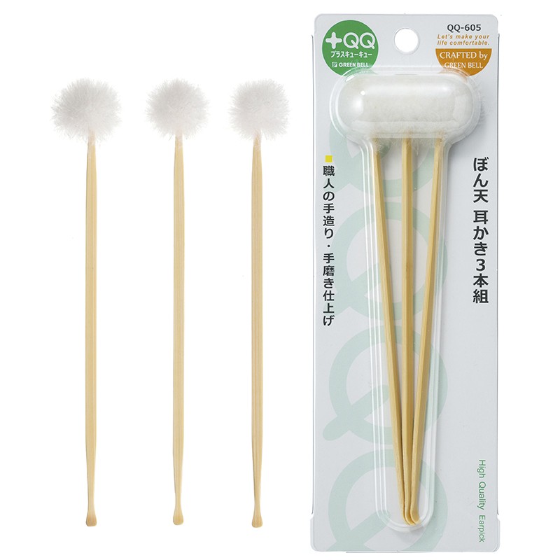 熟練の職人が一本一本丹念に仕上げた逸品ですぼん天耳かき 3本組 QQ-605 【特長】 ● 昔ながらの手造り耳かき。 ● お得な3本組。 【仕様】 ■全長 ： 164mm ■重量 ： 1g（1本） ■材質 ： 耳かき/真竹 ぼんてん/あひるの羽毛 ■パッケージサイズ ： H190xW61xD15mm 【ご注意】 ● 耳の奥まで入れすぎないよう、入口付近をやさしくお手入れしてください。 ● 耳に痛みや異常がある時は使用しないでください。 ● お子様だけでのご使用はおやめください。 ● 小さなお子様の手の届かない所に保管してください。グリーンベル　ぼん天耳かき　3本組　QQ-605