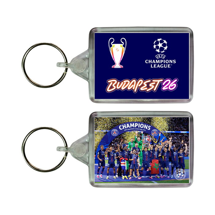 UEFAチャンピオンズリーグ 2026 FINALのオフィシャル フォト キーホルダー。 優勝セレモニーのハイライト、トロフィーリフトの瞬間を収めた嬉しいファングッズ 。 裏面には、大会ロゴやトロフィーなど、関連するロゴをデザイン。 【予約時の注意事項】※必ずご確認ください。 ・ご予約後のキャンセルは一切お受け出来ません。 ・ご予約数が生産数のミニマムロットに満たない場合、キャンセルとなる場合がございます。予めご了承願います。 ・他の商品と一緒にご注文の場合、商品の発送は予約商品が入荷次第まとめての発送とさせていただきます。 ■サイズ：95x42mm ■UEFAチャンピオンズリーグ 25-26 FINAL概要 ・対戦カード：パリ・サンジェルマン vs アーセナル ・会場： プスカシュ・アレーナ (ブダペスト) ・試合日時：2026年5月30日 ・スコア：パリ・サンジェルマン 1 - 1（PK：4-3）アーセナル(得点：ハヴァーツ 6分、デンベレ 65分 (PK) ) ・マン・オブ・ザ・マッチ：ヴィテーニャ(パリ・サンジェルマン) ※モニターの発色具合によって実際のものと異なる場合があります。