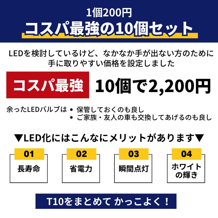 led t10 LEDバルブ T10ウェッジ球 10個セット ナンバー灯 ルームランプ ヴェルファイア アクア VOXY セレナ 人気のホワイト発光 カー用品 車用品 カーパーツ バルブ ポジション 外装パーツ ポジション ホワイト 3