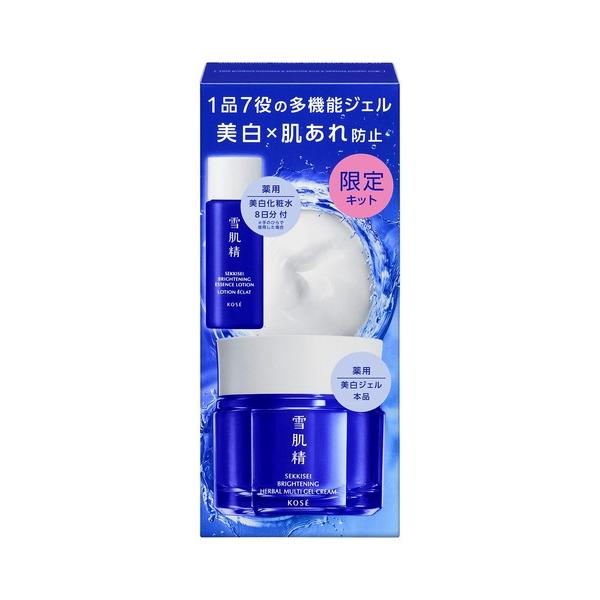 商品名 薬用雪肌精 ブライトニング マルチ ジェル(80g)　キット 内容量 ・薬用雪肌精 ブライトニング マルチ ジェル［医薬部外品］　80g ・薬用雪肌精 ブライトニング エッセンス ローション［医薬部外品］（販売名：雪肌精　化粧水）　8日分 商品説明 ●7役を1品で叶える薬用多機能ジェル 乳液・美容液・クリーム・アイクリーム・美容オイル・マッサージ・マスクの7つの機能を兼ね備え、うるおいに満ちた透明感あふれる肌へ導きます。 ●日本で初めて※1 承認されたコーセー独自の美白・肌あれ防止有効成分である、甘草由来有効成分W-グリチルレチン酸ステアリルを配合。 透明感を阻害する、肌内部の2つの滞り「メラニンの滞り」「肌あれの滞り」に着目。有効成分が、2つの滞りを防ぎ、雪のようなにみずみずしい透明感のある肌へと導きます。 【使用方法】 ・朝・夜、化粧水で肌をととのえたあと、スパチュラ1杯分をとり、肌にていねいになじませます(スパチュラ1杯分の目安は、パール粒2個くらいの量です。)。 ・朝は、紫外線防止効果のある化粧品の前に本品をお使いください。 ・メイクアップをするときは、やや少なめの量をお使いください。特に乾燥やくすみが気になるときは、スパチュラ2杯分をとり、肌にていねいになじませます。 ご注意 ・肌に異常が生じていないかよく注意して使用する。 ・肌に合わない時、色抜け(白斑等)や黒ずみ等の異常が現れた時は使用をやめる。 ・高温、日のあたる場所には置かない。 ・目に入ったときは、すぐに洗い流してください。 ・ご使用後は、キャップをきちんとしめ、スパチュラはリングの穴に差し込んで保管してください。 ・スパチュラは、常に清潔にしてお使いください。 ・他の美白化粧品と併用するときは、1品ずつ様子を見ながらお使いください。 ※本品記載の使用法・使用上の注意をよくお読みの上ご使用下さい。 　区分 　化粧品 　JANコード 　4971710642421 　メーカー 　株式会社コーセー 備考 商品パッケージ・内容等は、リニューアルに伴い予告なく変更する場合がございますので予めご了承ください。 　広告文責 　株式会社インクレス&nbsp;&nbsp;tel：06-6781-2940