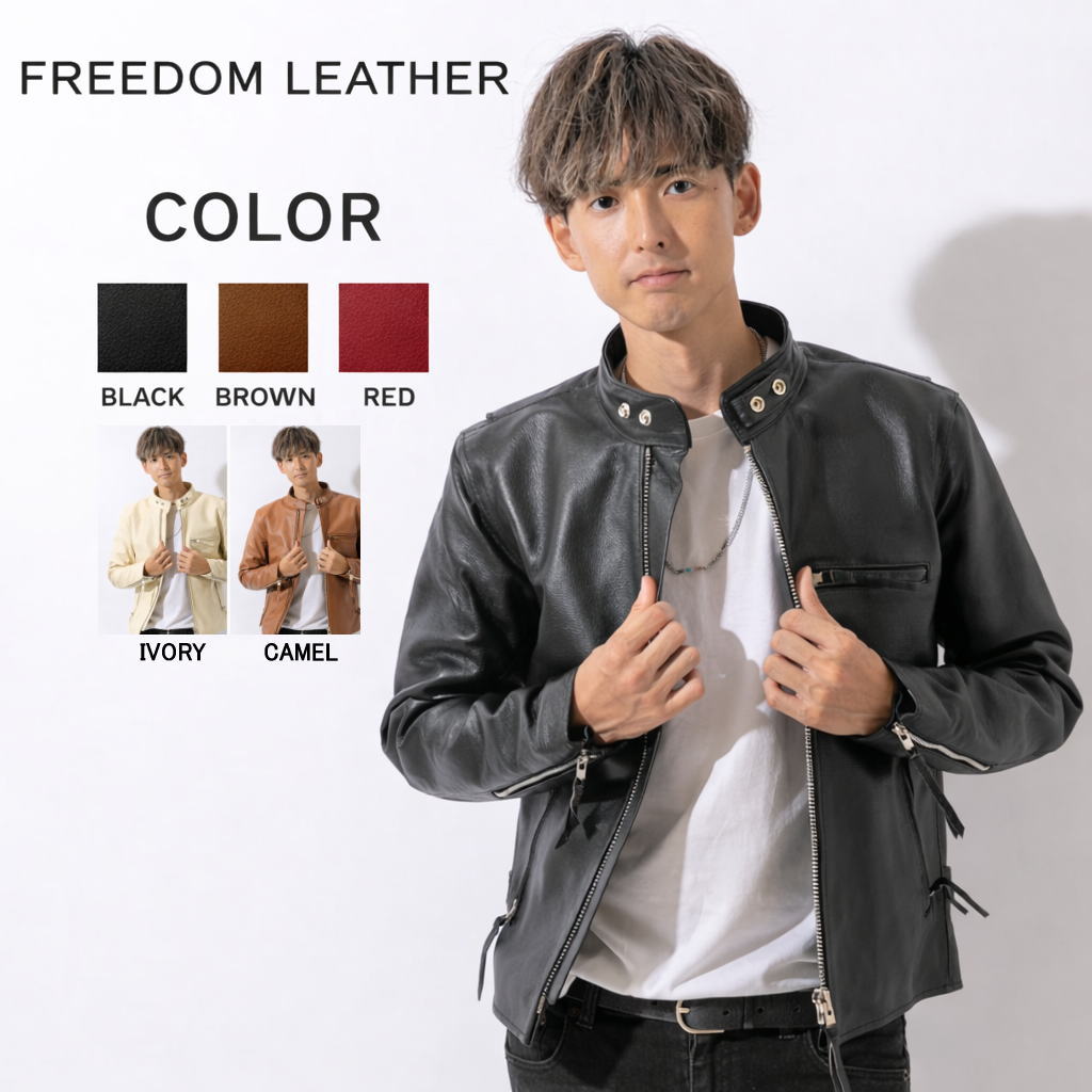 シングル ライダース 革ジャン メンズ 本革 大きいサイズ バイクジャケット 黒 赤 キャメル アイボリー ブラウン XS S M L LL 3L 4L 5L 6L 7L レザージャケット ライダースジャケット フリーダムレザー 本革ジャケット メンズファッション ギフト プレゼント 父の日 PB-1107