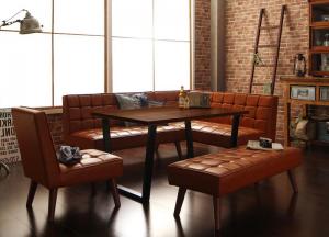 【5の付く日/最大1000円オフクーポン】アメリカンヴィンテージ リビングダイニングセット 6人 5点セット(テーブル+ソファ1脚+アームソファ1脚+チェア1脚+ベンチ1脚) 右アーム W120【ts】