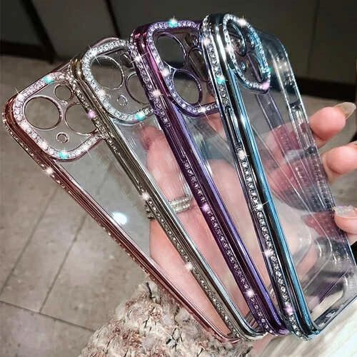iPhone ケース カメラ保護 ストーン ビジュー クリスタル キラキラ 韓国 おしゃれ クリア 透明 ソフト シリコン 耐衝撃 メッキ 高級感 大人 かわいい きれいめ ふちだけ 色 カバー スマホケース 16 15 14 13 12 pro max