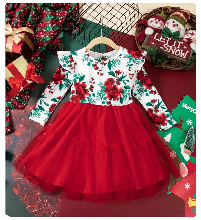 FearlessTrading楽天市場店の子供ワンピース クリスマス コスプレ 子供 プリンセスドレス ベビー クリスマス コスチューム キッズ ワンピース 花柄 クリスマス ワンピース 子ども 女の子 ドレス 子供 長袖 ふんわりチュール クリスマス 衣装 キッズ サンタ コスプレ 赤ちゃん 仮装 ガールズ 70〜130cm｜アングル3