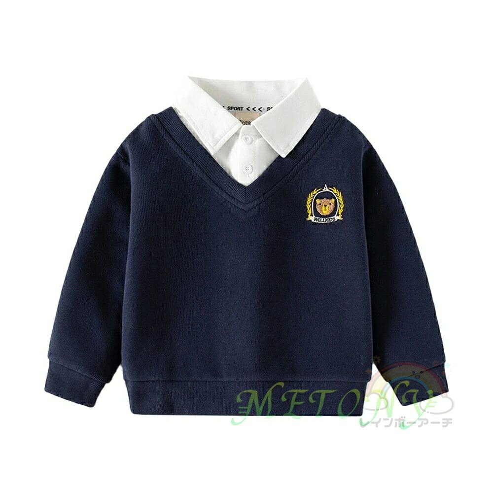 子供 Tシャツ 長袖 スウェット 男の子 女の子 フェイク レイヤード 重ね着風 白襟 ...