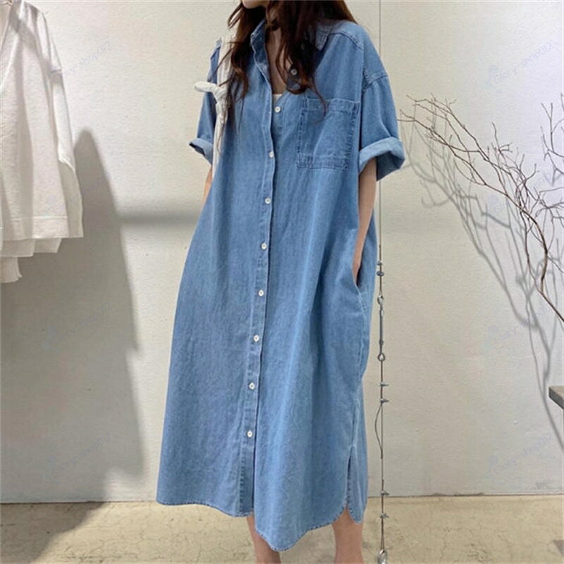 シャツワンピース レディース デニム ワンピース 夏 半袖 ポケット付き 無地 ロング丈 aラインワンピース フレアワンピース フェミニン 大人 体型カバー ドレス 前開き 重ね着 カジュアル 美脚 通勤 仕事 オフィス 着痩せ おしゃれ お出かけ 20代 30代 40代 fearlesstrading-10012641 FearlessTrading楽天市場店 サンプル画像2