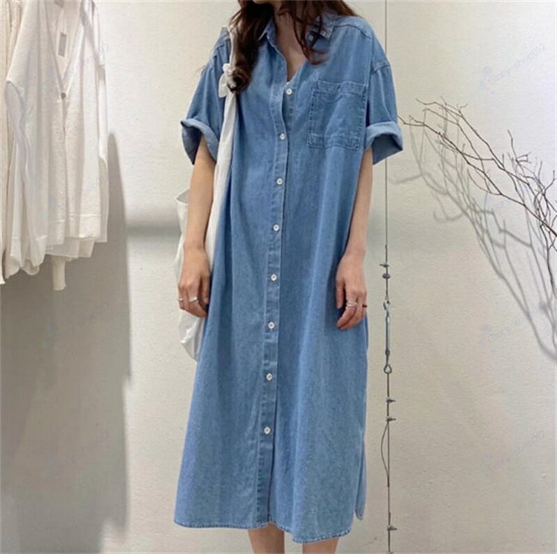 シャツワンピース レディース デニム ワンピース 夏 半袖 ポケット付き 無地 ロング丈 aラインワンピース フレアワンピース フェミニン 大人 体型カバー ドレス 前開き 重ね着 カジュアル 美脚 通勤 仕事 オフィス 着痩せ おしゃれ お出かけ 20代 30代 40代 fearlesstrading-10012641 FearlessTrading楽天市場店 サンプル画像3