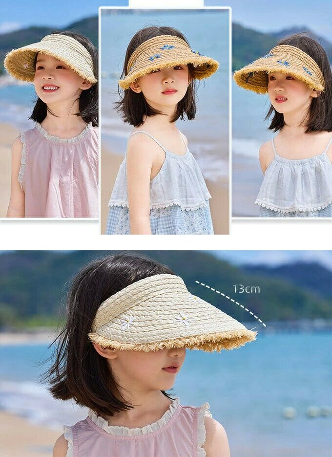 FearlessTrading楽天市場店の麦わら サンバイザー 麦わらキャップ つば広め 麦わら帽子 キッズ 女の子 UV対策 日焼け対策 日除け お出かけ 夏 キャップ 子供服 幼稚園 小学生 旅行 海 プール ペーパーハット 夏物｜アングル3