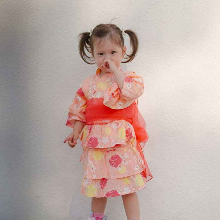 浴衣ドレス 子供 女の子 3点セット 上衣+スカート+兵児帯 着物 子供服 キッズ 花火...