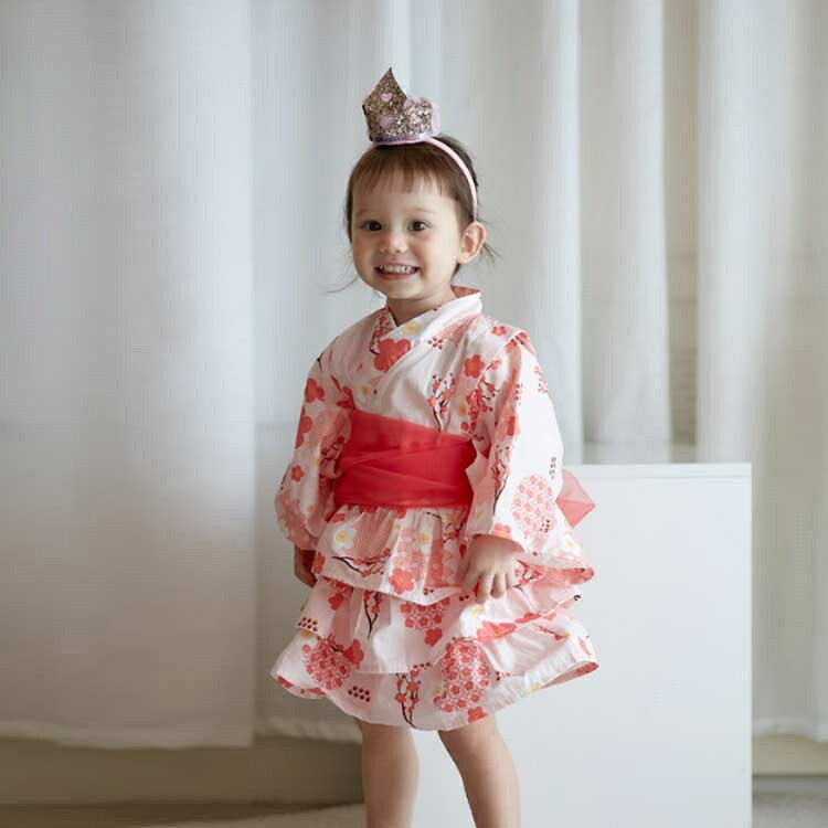 浴衣ドレス 子供 女の子 3点セット 上衣+スカート+兵児帯 着物 子供服 キッズ 花火...