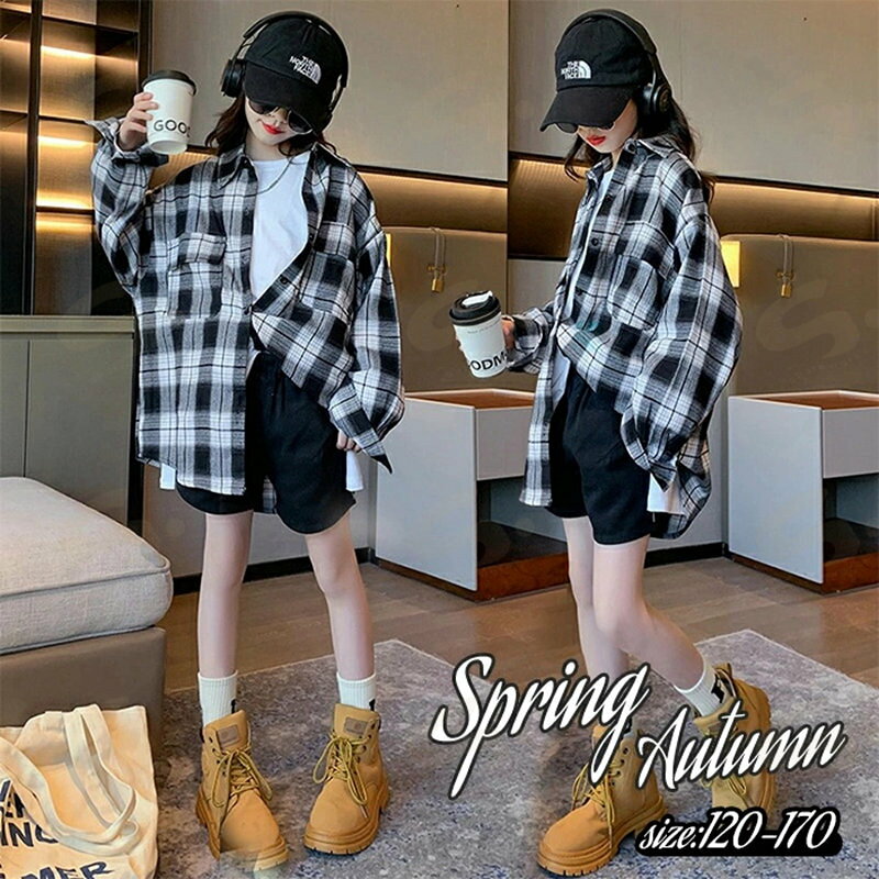 チェックシャツ シャツ キッズ シャツジャケット タータンチェック シャツアウター 長袖シャツ トップス シャツ 春シャツ ベーシック カジュアルシャツ 上着 女の子 女児 着やせ 春秋 前開き 長袖 春 秋 上品 チェック柄 ブラック ホワイト 120/130/140/150/160/170cm