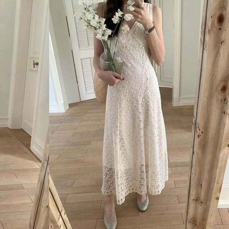 ワンピース ノースリーブ レースワンピース レディース 夏 Vネック花柄 刺繍レース ワンピース ロングワンピース マキシ丈ワンピース 裹地付き ゆったり おしゃれ きれいめ 通勤 カジュアル 体型カバー 送料無料