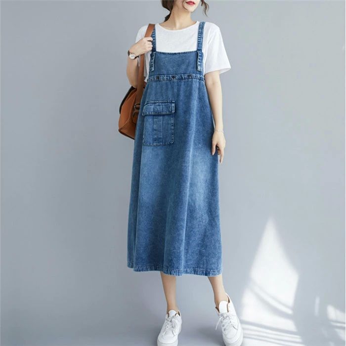 FearlessTrading楽天市場店のサロペット 夏 デニム ワンピース 膝丈 デニムワンピ デニムサロペット 夏 無地 ゆったり 大きいサイズ 体型カバー ブルー 送料無料｜アングル3