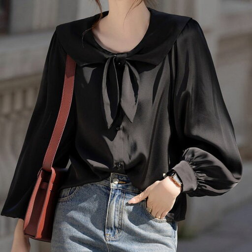 レディース ブラウス M~2XL ちょっぴり甘くてクール ブラック ポリエステルシフォン レディース ブラウス M~2XL ちょっぴり甘くてクール ブラック ポリエステルシフォン