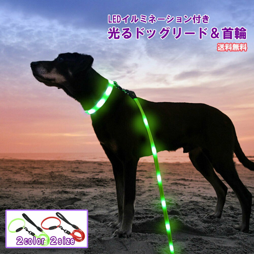 ペット用 リード 首輪 LED 光る ドッグリード ロープ 光るリード ペット ペット用品 ペットグッズ 犬 犬用品 愛犬 夜 夜間 事故防止 安全 お散歩グッズ 散歩 小型犬 中型犬 USB充電 Sサイズ Mサイズ グリーン レッド 送料無料