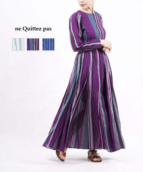 ne Quittez pas(ヌキテパ)コットンボイル ストライプ タックスリーブ フレアワンピース ロングワンピース COTTON VOILE STRIPE TUCK SLEEVE DRESS・010421GQ2-4162201(レディース)(■■)