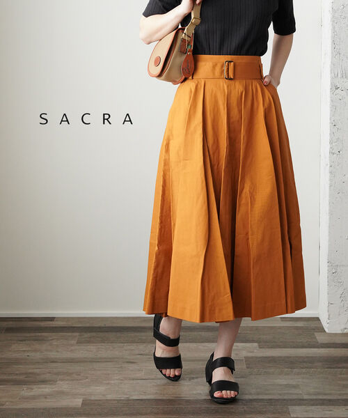 【3/30~4/1はポイント10倍】サクラ SACRA コットンリネン ベルト付き ロングフレアスカート・118117122-3341801(レディース)