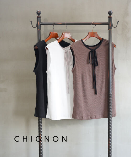 乐天商城 - 【6/20限定10%クーポン&ポイント10倍】シニヨン CHIGNON カットソー ノースリーブ トップス リブ 薄手 無地 リボン チョーカー風 おしゃれ かわいい・8452-245KK-5092501(レディース)