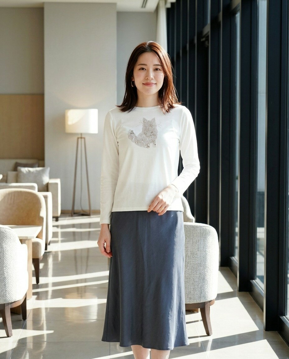 Rakuten - 【ポイント2倍】ププラ PUPULA 長袖 Tシャツ カットソー ロンT 綿 クルーネック ハート 猫 アップリケ スパンコール おしゃれ・157046-0142501(レディース)