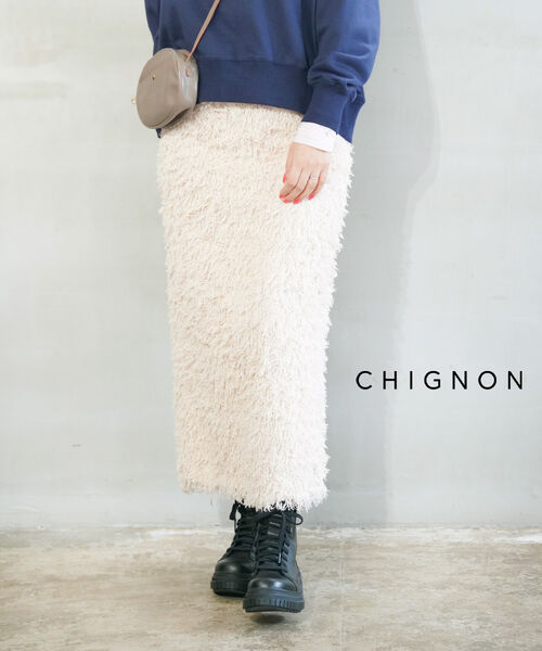 【ポイント2倍】シニヨン CHIGNON スカート ロングスカート ナロースカート Iライン ロング フリンジ ウエストゴム アイボリー・2745-272NH-5092402(レディース)